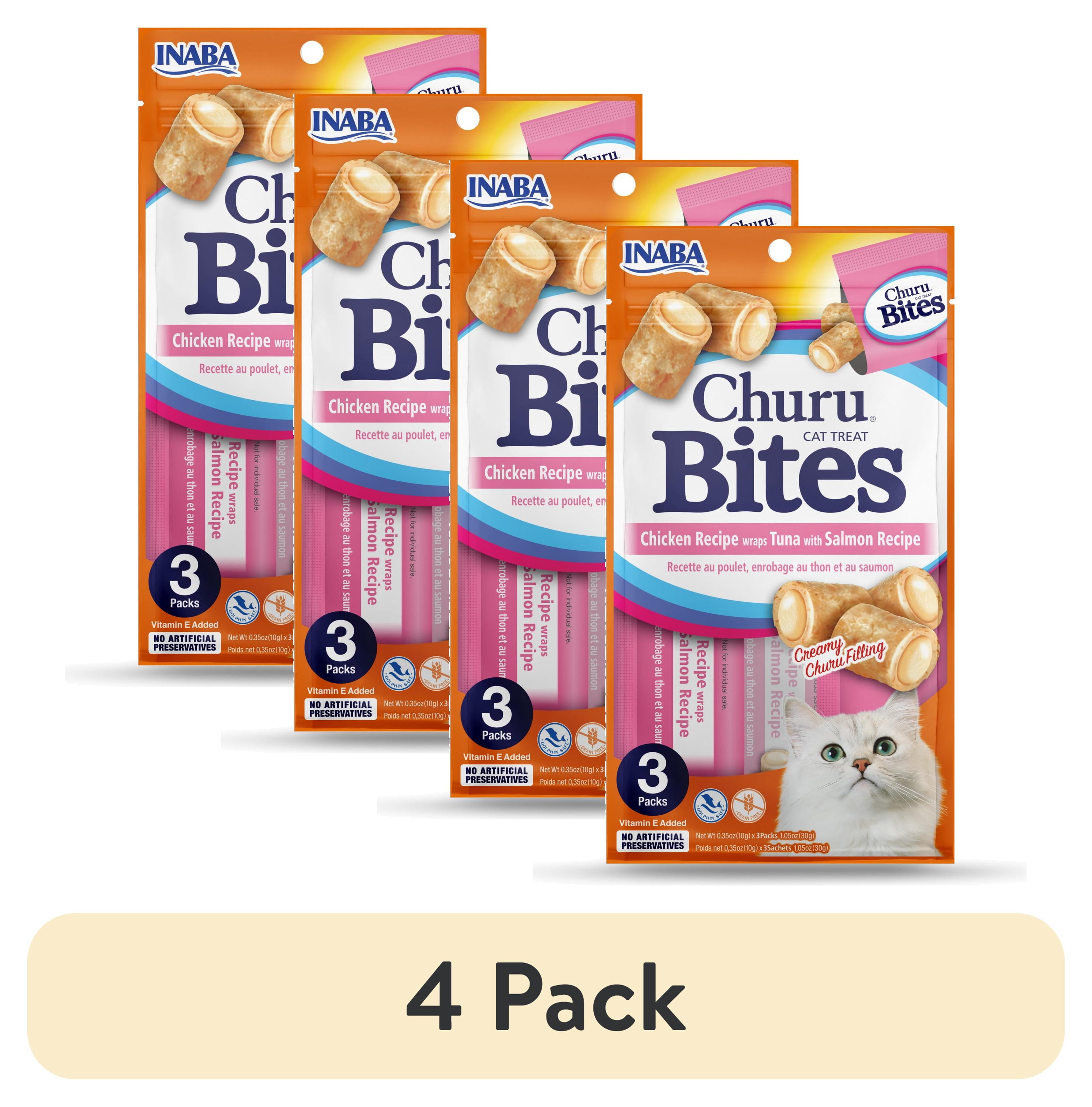(4 pack) INABA Churu Bites for Cats, Grain-Free, Soft/Chewy Baked Chicken Wrapped Cat Treats with Savory Churu Centers, 0.35 Ounces Each Tube, 3 Tubes, Tuna with Salmon Recipe