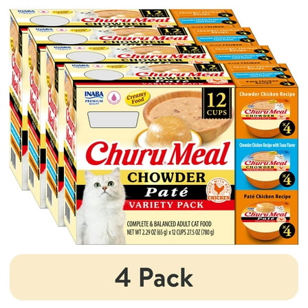 (4 pack) INABA Churu Meal Chowder Adult Wet Cat Food, 2.29 oz cup, 12-count, Chowder & Pate Variety Pack