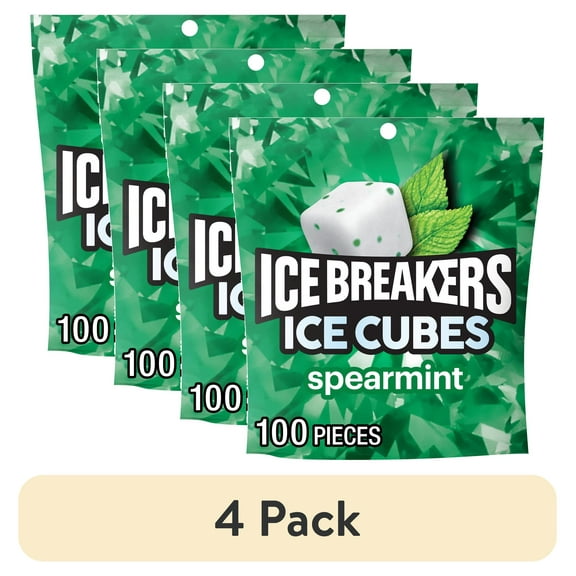 (4 pack) Ice Breakers Ice Cubes Spearmint Sugar Free Chewing Gum, Pouch 8.11 oz, 100 Pieces