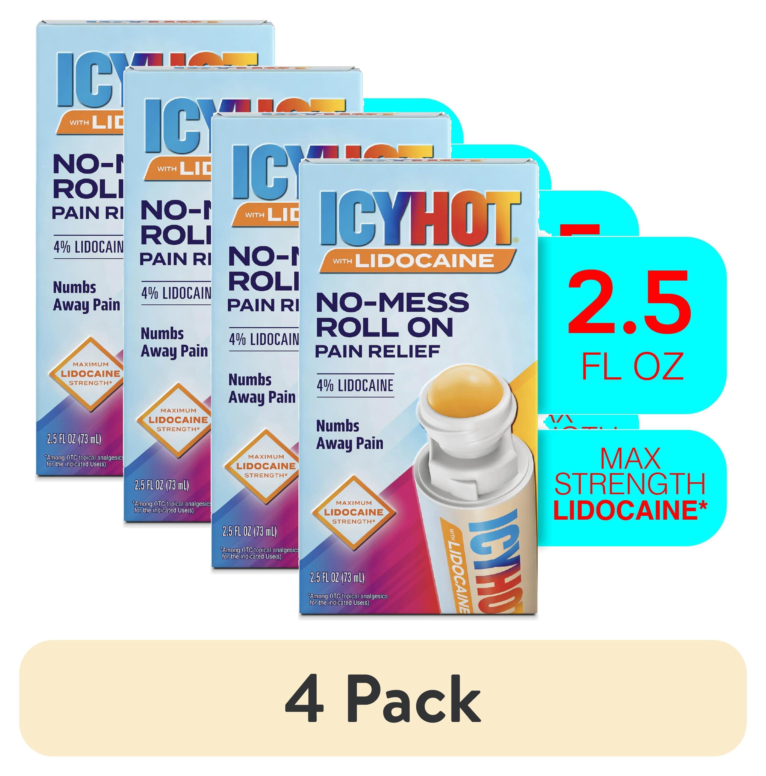 (4 pack) Icy Hot Lidocaine Pain Relief No-Mess Roll-On Applicator, Numb Aggravated Nerves With Max Strength Lidocaine 4%, Pain Relief for Minor Pain, Backaches, Sprains and Strains, 2.5 oz