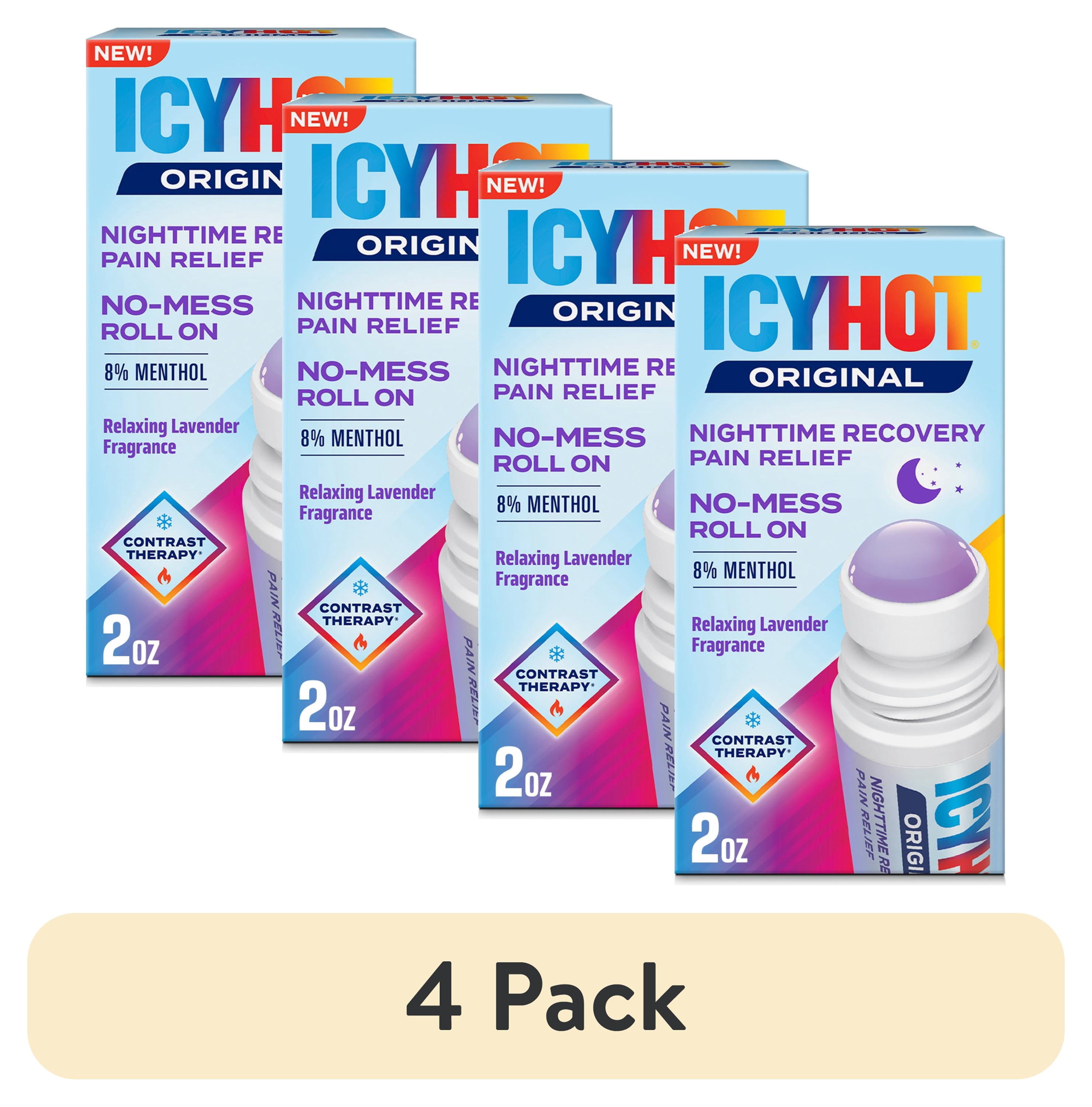 (4 pack) Icy Hot Original Pain Relief Nighttime Recovery No-Mess Roll-On Applicator, Fast-Acting Pain Relief With Menthol 8% for Backaches, Joints, Muscle Strains and Arthritis, Lavender Scent, 2 oz