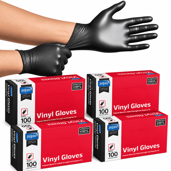 (4 pack) Inspire Black Vinyl Gloves Disposable Latex Free, Cleanroom Gloves Polymer Blend (XL)