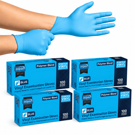 (4 pack) Inspire Vinyl Blend Gloves Disposable Latex Free, Multipurpose Blue Gloves for Cooking Food Prep & Cleaning (Medium)