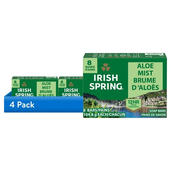 (4 pack) Irish Spring Aloe Mist Deodorant Bar Soap for Men, 12 Hour Fresh Deodorant Soap, 3.7 oz Bar (8 Pack)