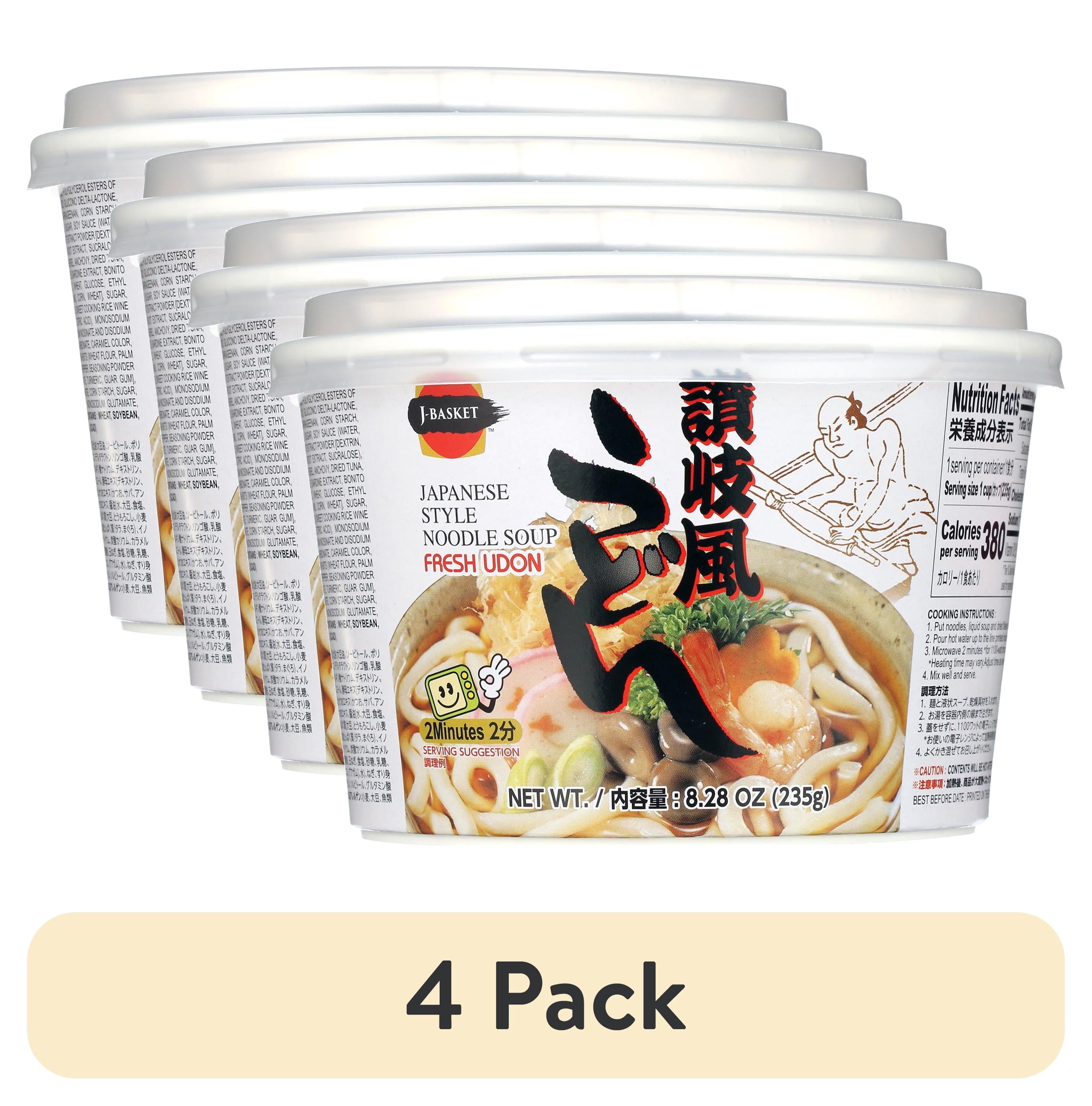 (4 pack) J-Basket Japanese Style Noodle Soup Microwavable Fresh Udon, 8.28 oz, 1 Count Bowl (Shelf-Stable)