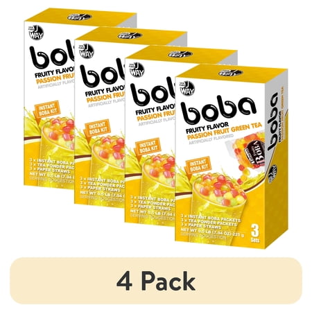 (4 pack) J Way Instant Boba Fruity Green Tea Set, Passionfruit Pineapple Bubble Tea Kit, 3 Drinks