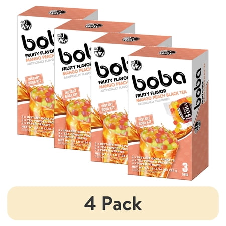 (4 pack) J Way Instant Boba, Mango Peach Black Tea, 3 Drink Kit