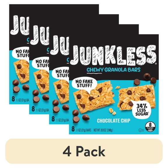 (4 pack) Junkless Chewy Chocolate Chip Granola Snack Bars, 1.1 oz, 8 Count