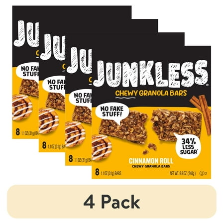 (4 pack) Junkless Chewy Cinnamon Roll Granola Snack Bars, 1.1 oz, 8 Count