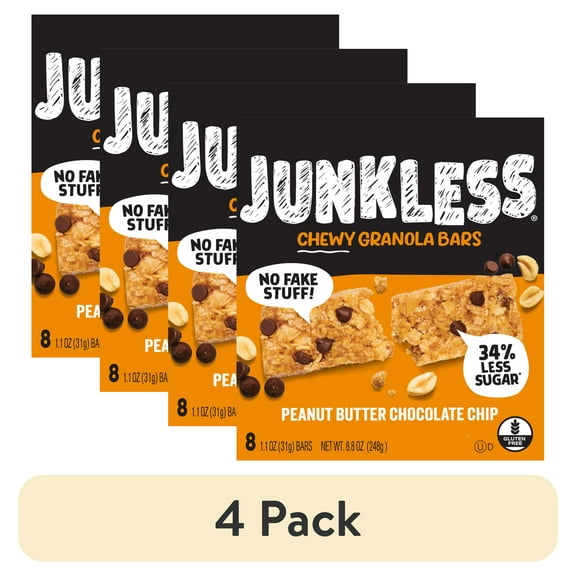 (4 pack) Junkless Chewy Peanut Butter Chocolate Chip Granola Snack Bars, 1.1 oz, 8 Count