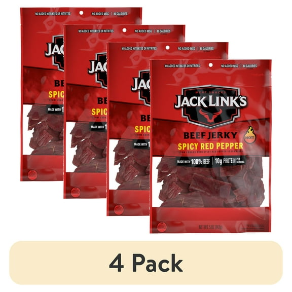 (4 pack) Jack Links Beef Jerky, Spicy Red Pepper, Made with 100% Beef, 10g of Protein per Serving, 5 Ounce, Resealable Bag