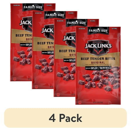 (4 pack) Jack Link’s Beef Tender Bites, Original, Made With 100% Beef, 10g of Protein per Serving, 10 Ounce Family Size Bulk Bag