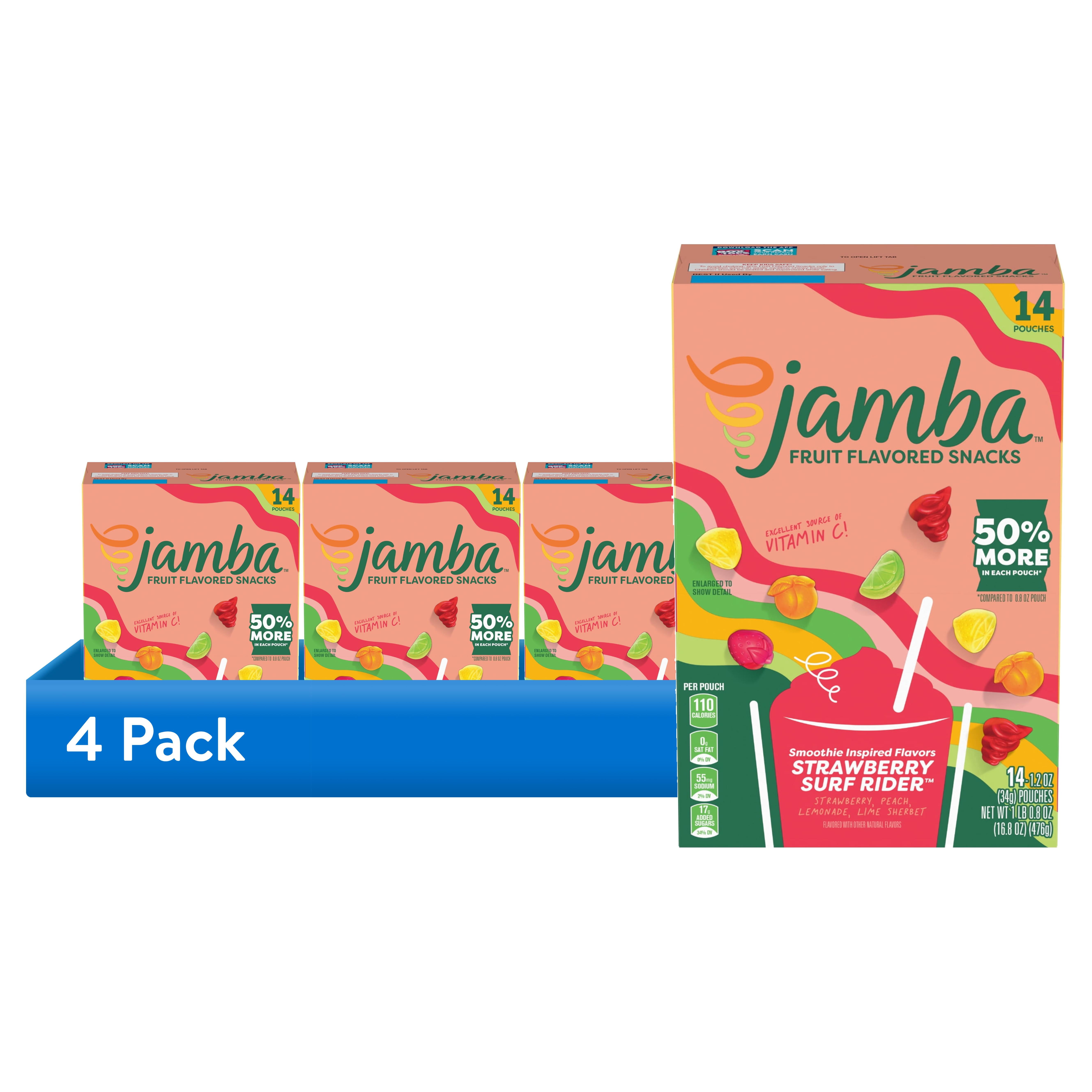 (4 pack) Jamba Fruit Flavored Snacks, Strawberry Surf Rider, Gluten Free, 16.8 oz (14 Pouches)