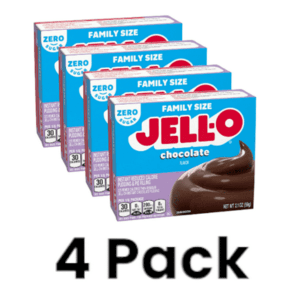 (4 pack) Jell-O Chocolate Flavor Zero Sugar Instant Reduced Calorie Pudding & Pie Filling, Family Size, 2.1 oz. Box