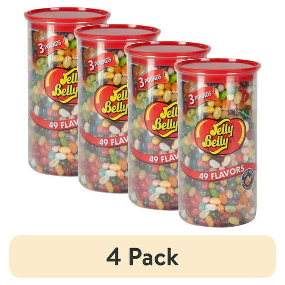 (4 pack) Jelly Belly 49 Assorted Jelly Bean Flavors, 3-Pound Clear Can, Most Popular Flavors