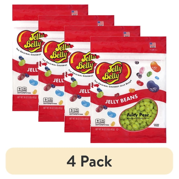 (4 pack) Jelly Belly Juicy Pear Jelly Beans - 1 Pound (16 Ounces), Fresh Pear Flavor Candy, Resealable Bag