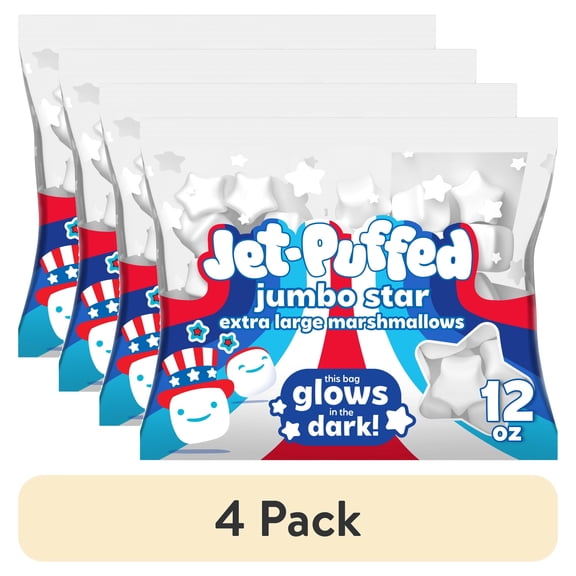 (4 pack) Jet-Puffed Jumbo Star Extra Large Marshmallows, 1 Bag, for S'mores and Americana Snacking, Fat Free, Glow-in-the-Dark Bag, 12 oz