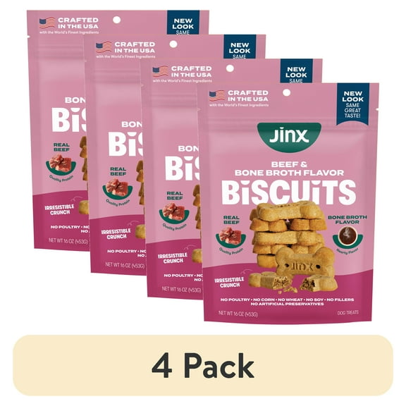 (4 pack) Jinx Beef Bone Broth Biscuits, Crunchy Dry Dog Treats, 16 oz Bag