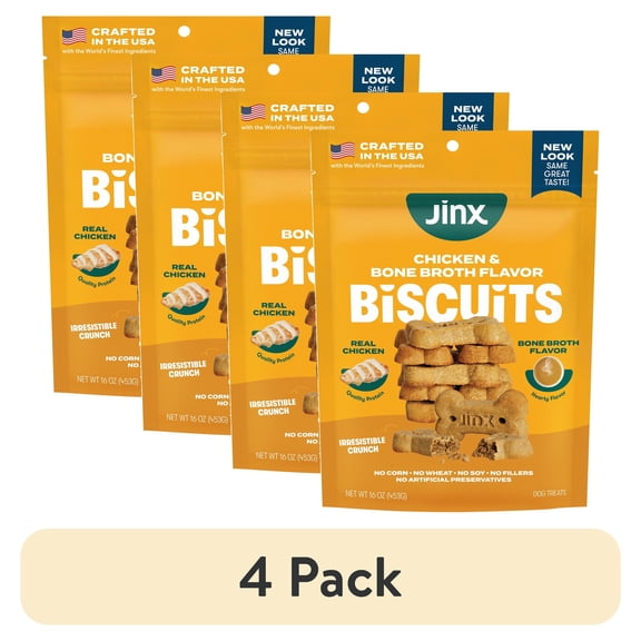 (4 pack) Jinx Chicken Bone Broth Biscuits, Crunchy Dry Dog Treats, 16 oz Bag