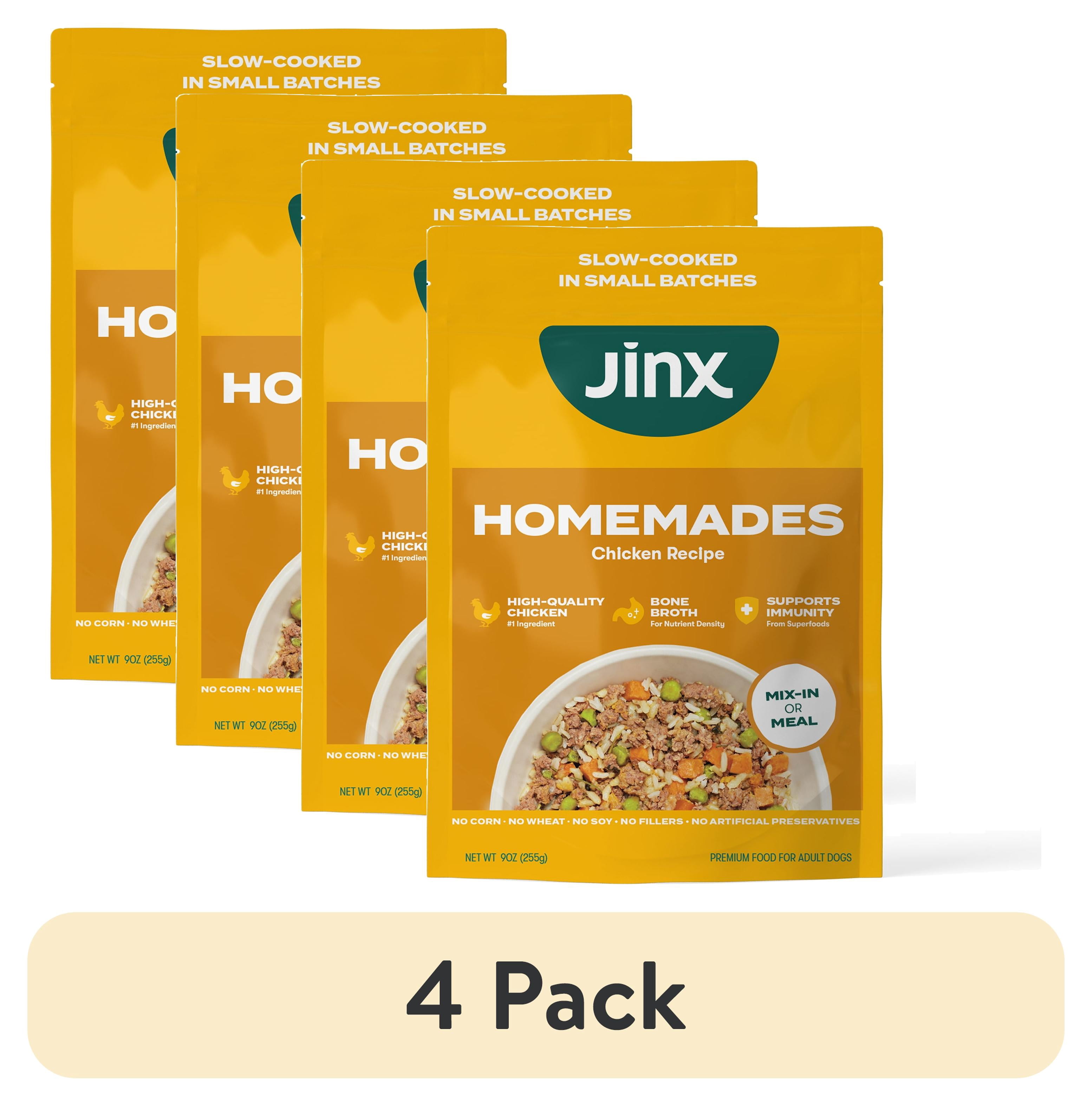(4 pack) Jinx Homemades Chicken Recipe Wet Natural Dog Food, Whole Grain, 9 oz Pouch