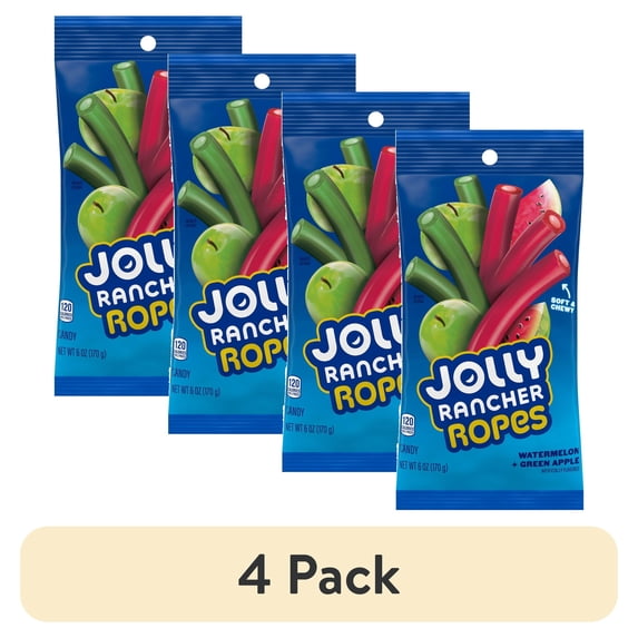 (4 pack) Jolly Rancher Ropes Watermelon and Green Apple Flavored Candy, Bag 6 oz
