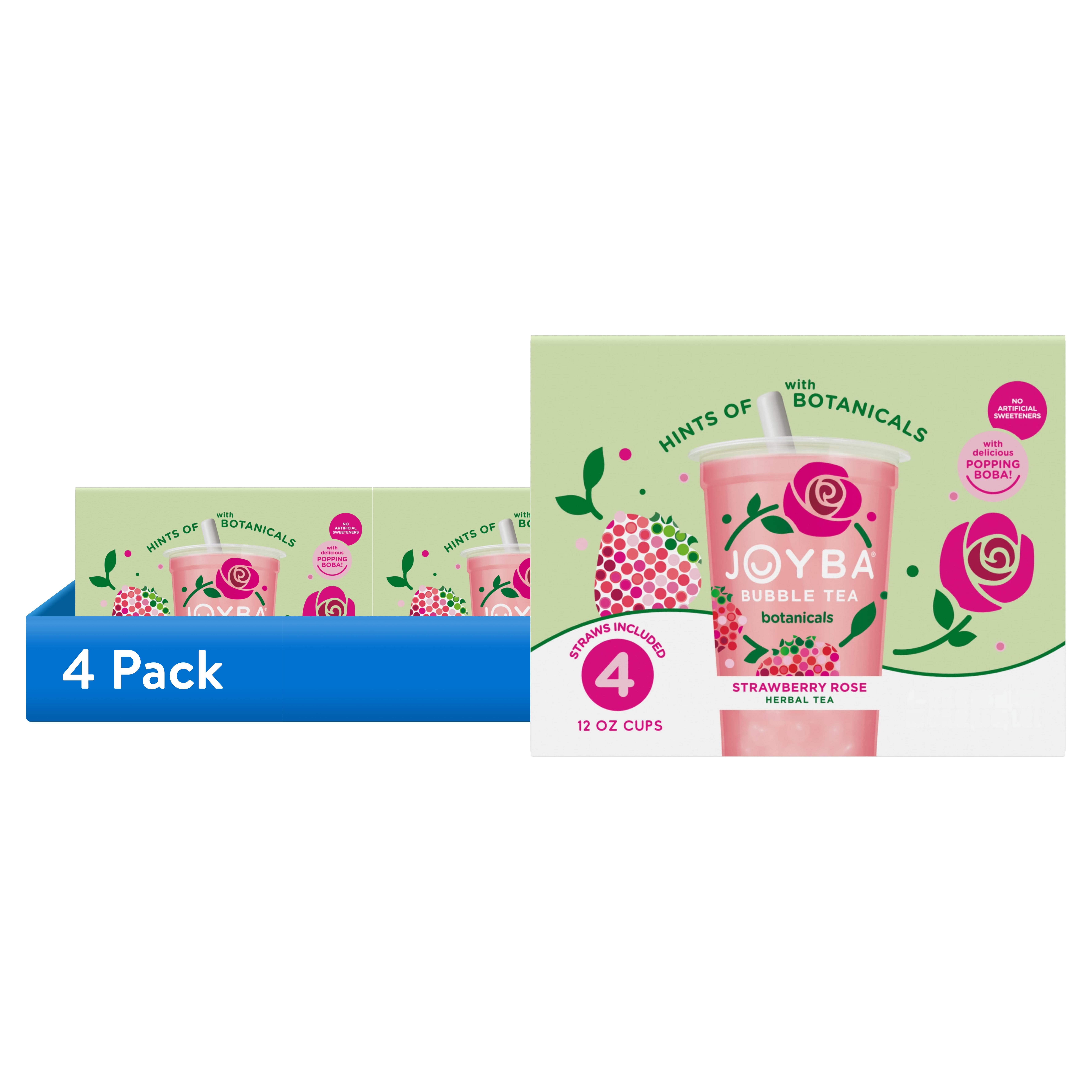 (4 pack) Joyba Strawberry Rose Herbal Bubble Tea with Popping Boba, Caffeine Free, 12 fl oz Cup (Pack of 4)