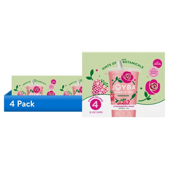 (4 pack) Joyba Strawberry Rose Herbal Bubble Tea with Popping Boba, Caffeine Free, 12 fl oz Cup (Pack of 4)