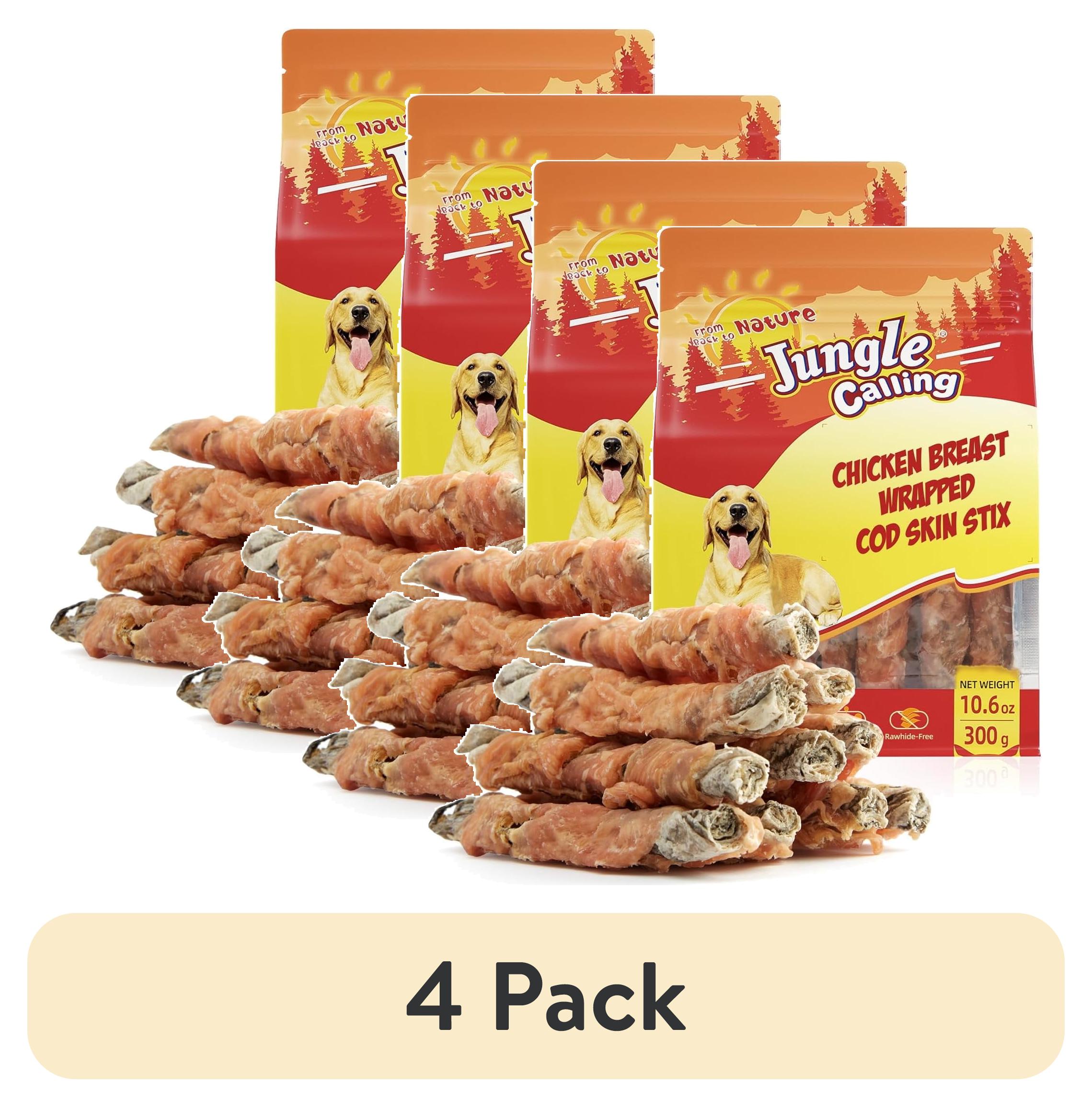 (4 pack) Jungle Calling Dog Treats, High Protein Dog Chewy Treats Healthy Teeth and Coat, Chicken Wrapped Cod Skin Sticks, Rawhide Free Cod Fish Skin Treats for Dogs, 10.6 oz
