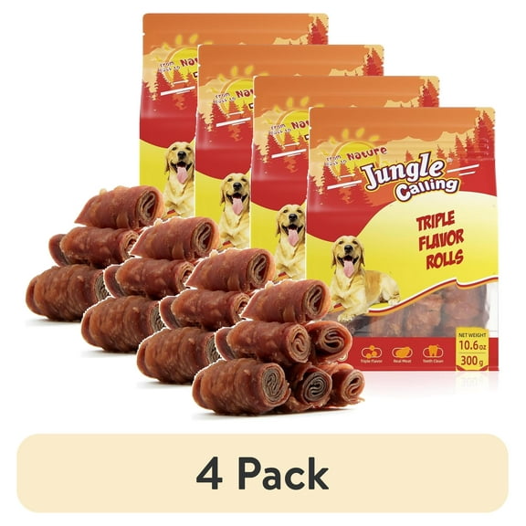 (4 pack) Jungle Calling Triple Flavor Rolls Dog Treats,Real Chicken Duck Beef Meat, Rawhide Free Dog Snacks