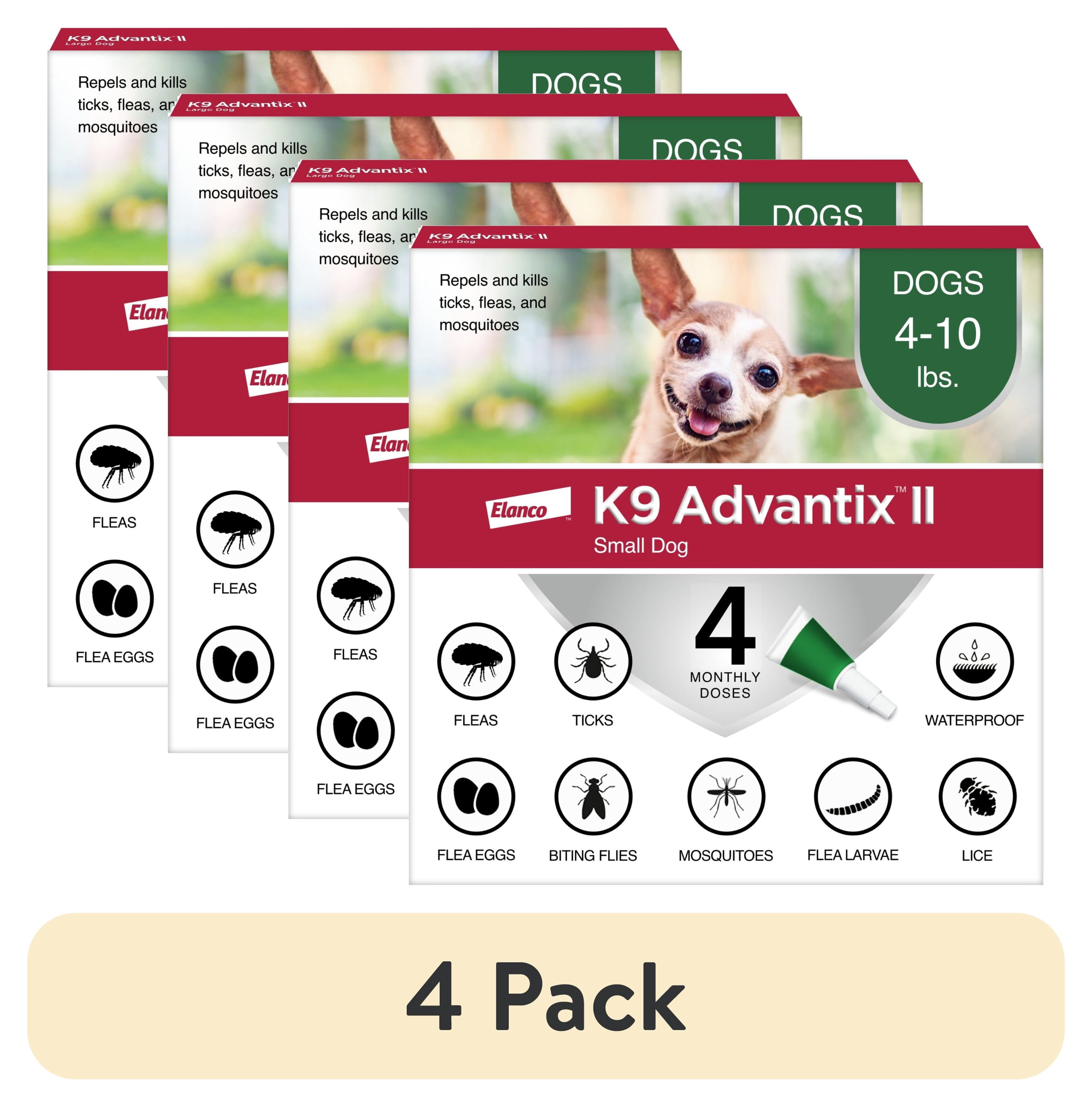 (4 pack) K9 Advantix II Monthly Flea & Tick Prevention for Small Dogs 4-10 lbs, 4-Monthly Treatment