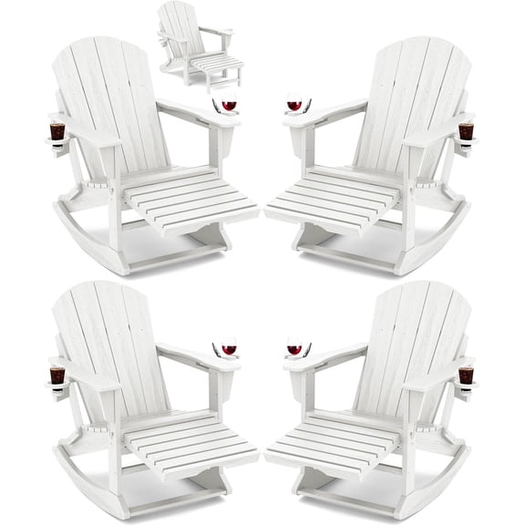 (4 pack) KINGYES Adirondack Rocking Chair with Retractable Ottoman and Cup Holders, HDPE Adirondack Rocker, Patio Rocking Chair for Porch, Patio