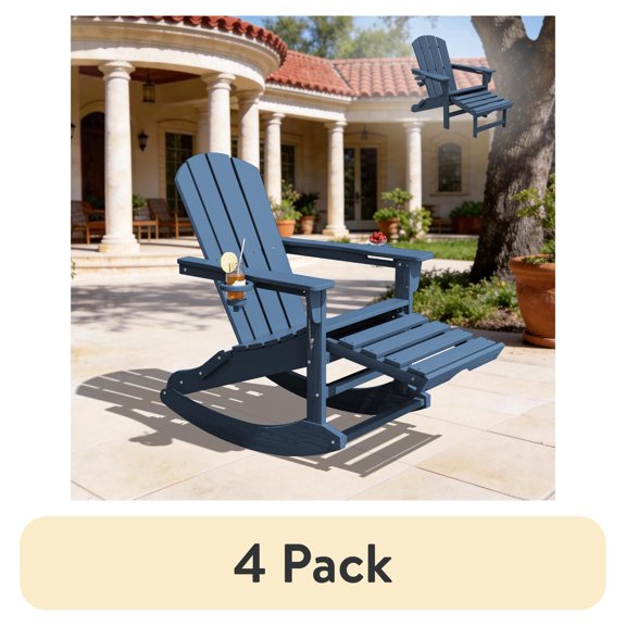 (4 pack) KINGYES Adirondack Rocking Chair with Retractable Ottoman and Cup Holders, HDPE Adirondack Rocker, Patio Rocking Chair for Porch, Patio
