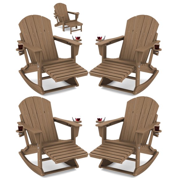 (4 pack) KINGYES Adirondack Rocking Chair with Retractable Ottoman and Cup Holders, HDPE Adirondack Rocker, Patio Rocking Chair for Porch, Patio