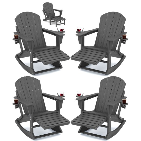 (4 pack) KINGYES Adirondack Rocking Chair with Retractable Ottoman and Cup Holders, HDPE Adirondack Rocker, Patio Rocking Chair for Porch, Patio