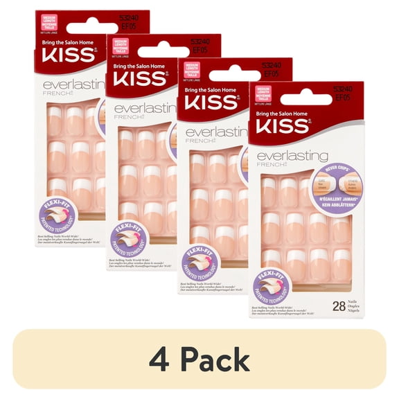 (4 pack) KISS Everlasting French Medium Square Oval Press on Nails with Glue, White, 28 Pieces