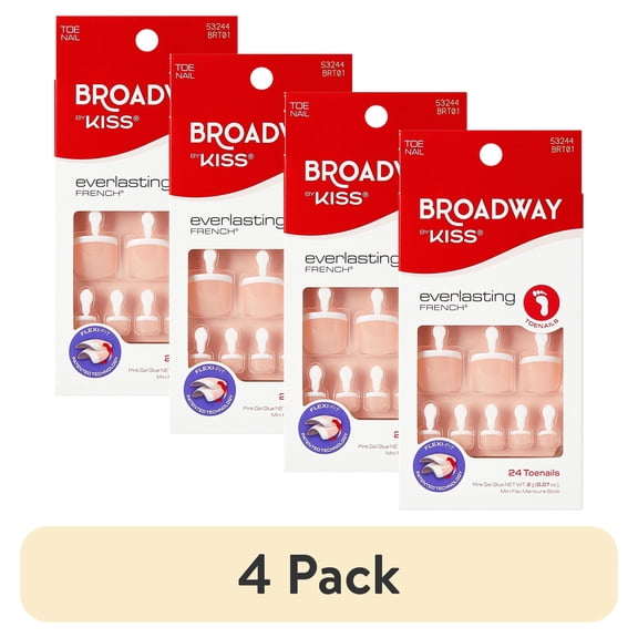 (4 pack) Broadway by Kiss Press On Toenails, ‘Limitless’, White, Squoval, 24 Count