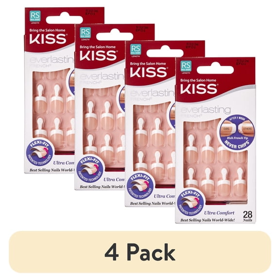 (4 pack) KISS Everlasting French Short Square Oval Press on Nails with Glue, White, 28 Pieces