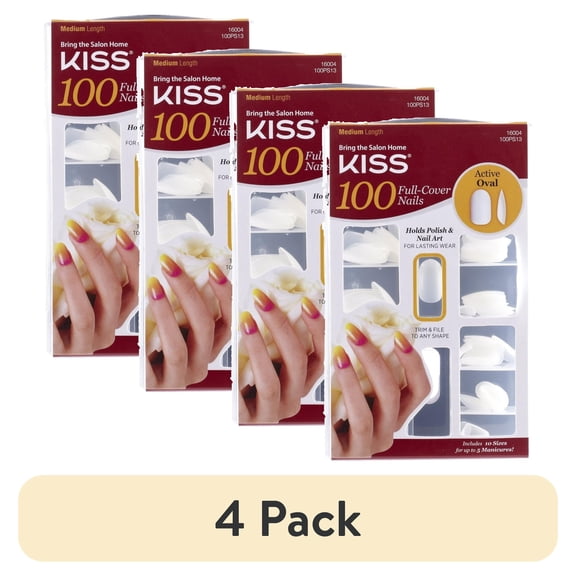 (4 pack) KISS 100 Full Cover Fake Nails Kit, Medium Length - Active Oval