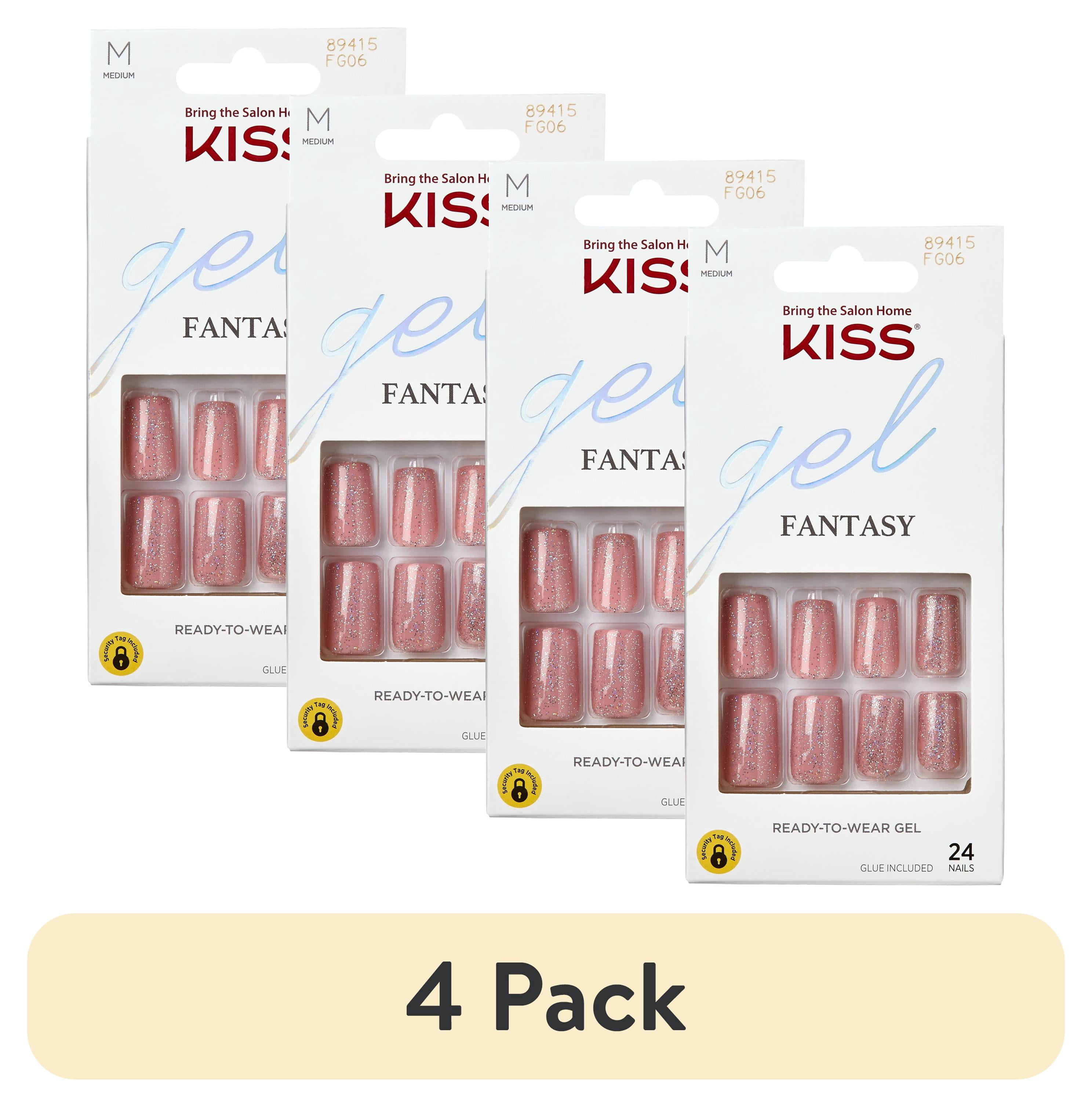 (4 pack) KISS Gel Fantasy Medium Square Glue-On Nails, Glossy Medium Pink, 28 pieces