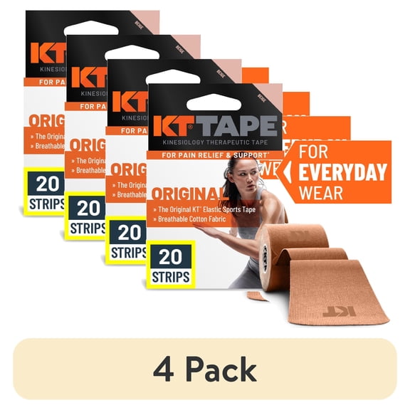 (4 pack) KT Tape Original Cotton Kinesiology Tape, Beige, 20 Precut Strips