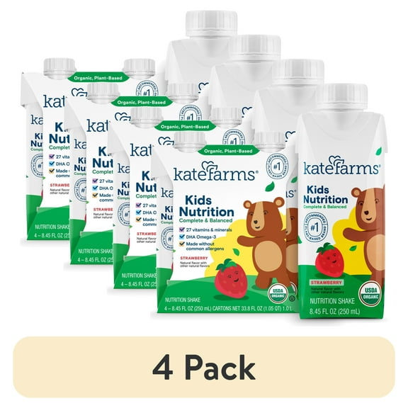 (4 pack) Kate Farms Kids Nutrition Shake, Strawberry, 4 Pack, 8.45 fl oz
