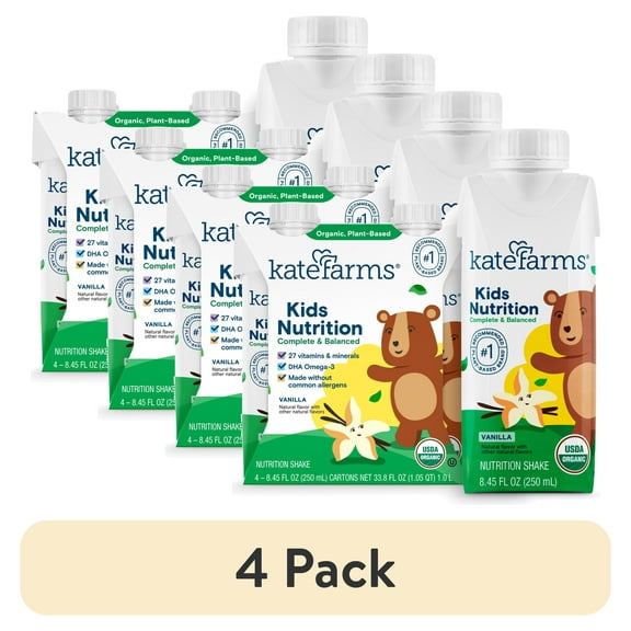 (4 pack) Kate Farms Kids Nutrition Shake, Vanilla, 4 Pack, 8.45 fl oz