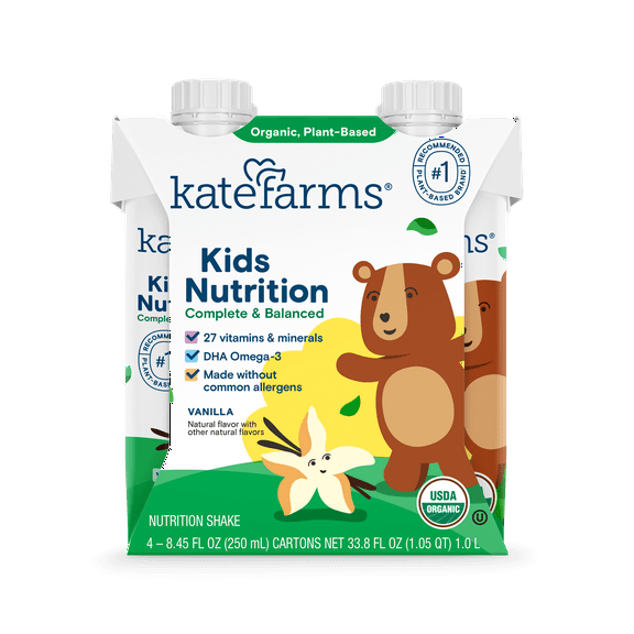 (4 pack) Kate Farms Kids Nutrition Shake, Vanilla, 4 Pack, 8.45 fl oz