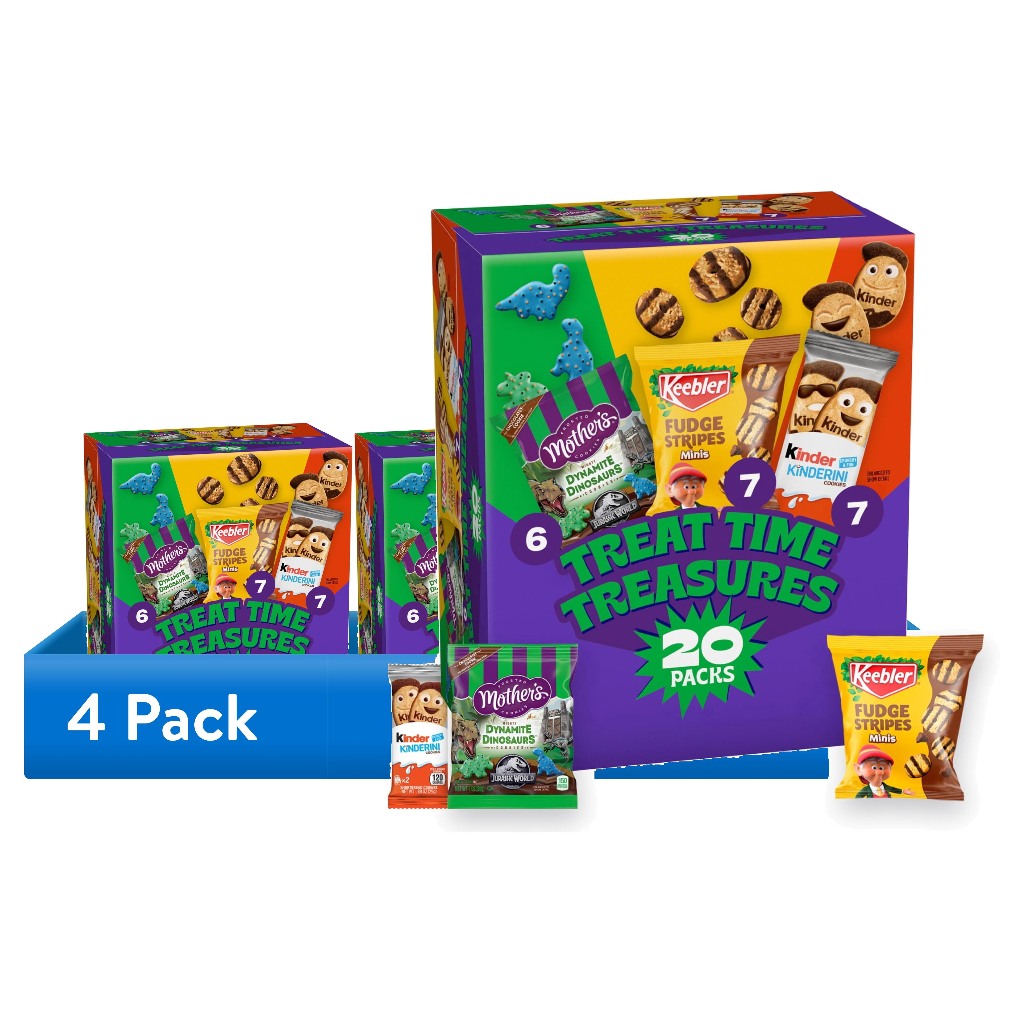 (4 pack) Keebler Fudge Stripes Mini Original Cookies, Mother's Chocolatey Dynamite Dinosaurs Cookies, Kinderini Cookies, Treat Time Treasures Variety Pack, 20 Pack, 18.6 oz