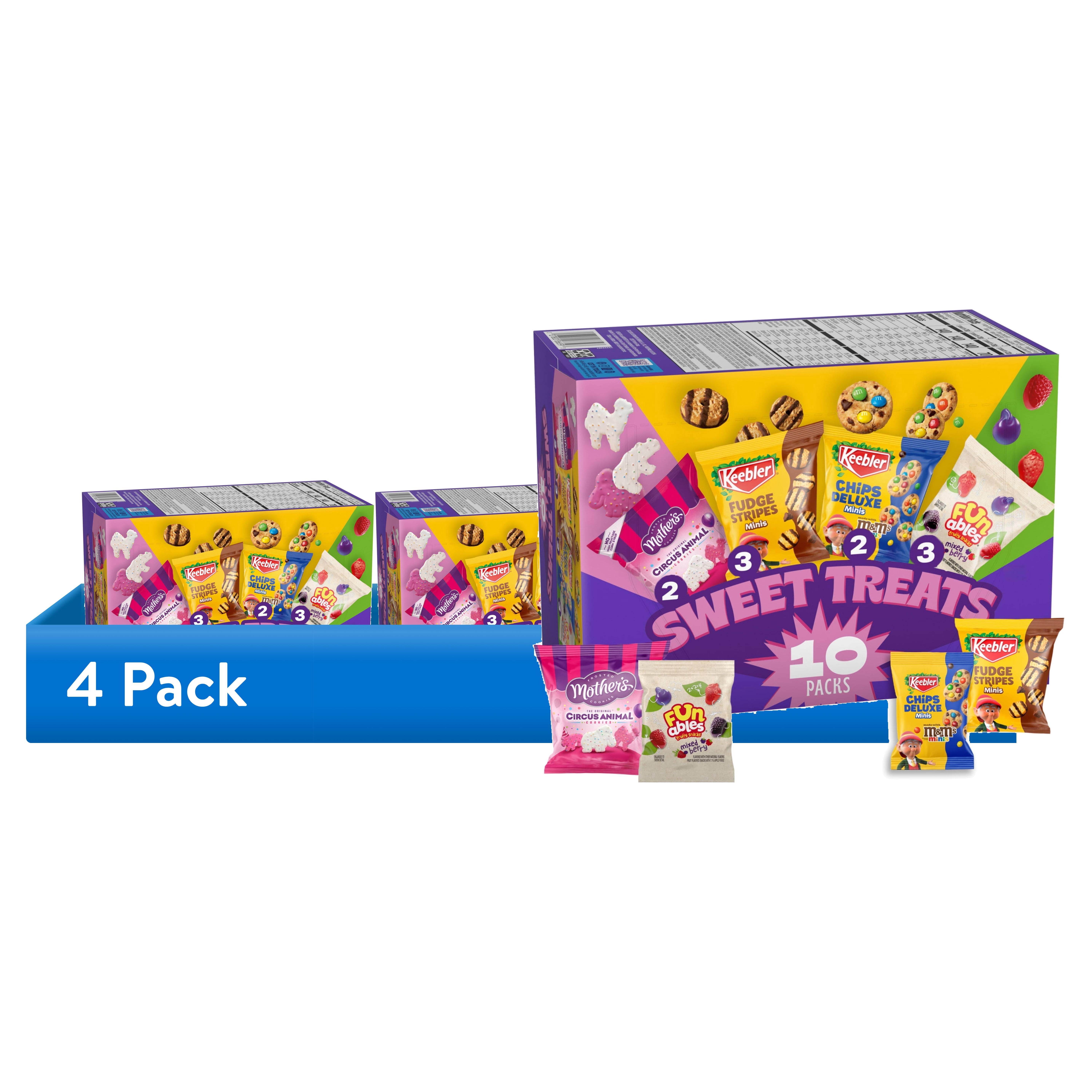 (4 pack) Keebler Sweet Treat Variety Pack, 10-Count Box, Includes Chips Deluxe, Funables, Fudge Stripes, and Mother's Circus Animal Cookies, 9.4 oz