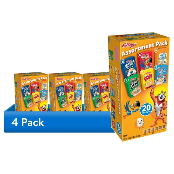 (4 pack) Kellogg's Assortment Pack Breakfast Cereal, Single Serve Cereal To Go, Kids Snacks, Variety Pack, 21.8oz Box (20 Boxes)