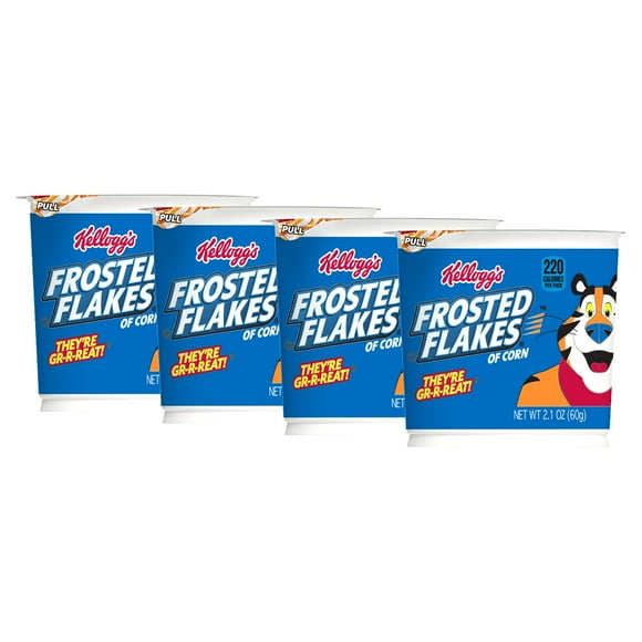 (4 pack) Kellogg's Frosted Flakes Cold Breakfast Cereal Cup, 8 Vitamins and Minerals, Kids Snacks, Original, 2.1oz Cup (1 Cup)