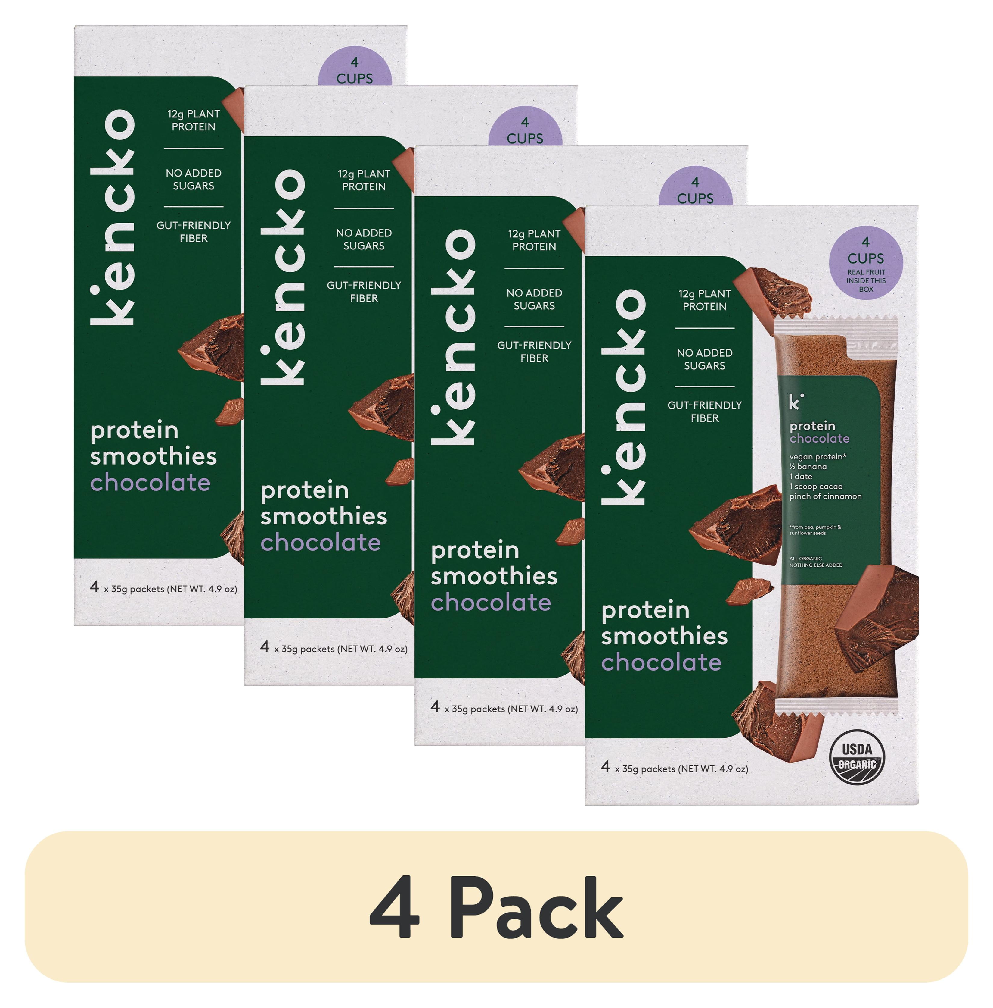 (4 pack) Kencko Chocolate Organic Instant Fruit & Veggie Protein Smoothies, Powdered Drink Mix, 1.23 oz, 4 Pack