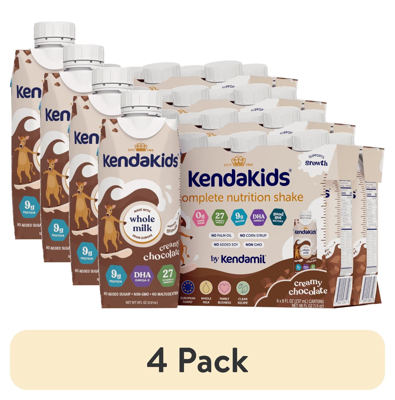 (4 pack) KendaKids Complete Nutrition Shake with Protein & DHA, Chocolate, 8 fl oz, (6 Pack)