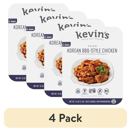 (4 pack) Kevin's Natural Foods Korean BBQ-Style Chicken, Fully Cooked Refrigerated Entree, Plastic 16 oz